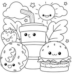 a coloring page with hamburgers and doughnuts