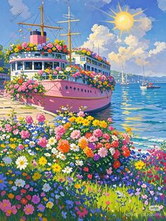 a painting of a boat on the water with flowers in front of it and boats