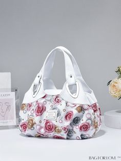 BagForLove - Stylish Flower-Patterned PU Tote Bag for Women Trendy Floral Print Tote Shoulder Bag, Trendy Summer Bag With Floral Print, Casual Floral Print Bags For Daily Use, Feminine Shoulder Bag For Spring Errands, Casual Floral Print Tote Bag, Spring Floral Print Shoulder Bag, Feminine Double Handle Bags For Spring, Trendy White Flower-shaped Bag, Feminine Double Handle Spring Bags