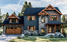 this is an artist's rendering of a house in the woods with stone and wood accents