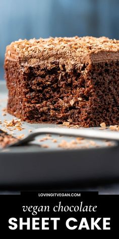 a close up of a piece of cake on a plate with the words vegan chocolate sheet cake