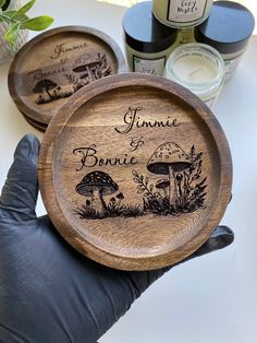 two personalized wooden plates with mushrooms on them, one is for bonnie and the other is for bonnie