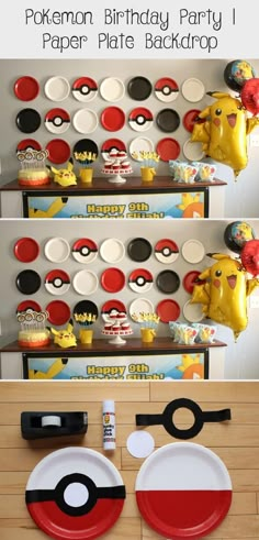 a pokemon birthday party with paper plates and cupcakes