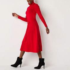 This Maia women's sweater dress comes in a bold red hue and sleek shape you'll love wearing to make a statement in cooler temps. Crafted from a soft knit, it has a flattering figure-hugging turtleneck design with long sleeves, a belted waist and a midi-length flowy skirt. Wear it with ankle boots.Features: BeltedClosure Type: TieNeckline: TurtleneckSleeve Length: Long SleeveSleeve Style: Fitted SleeveApparel Length: 45 InchesDress Length: Midi LengthFiber Content: 78% Rayon, 22% PolyesterFabric Midi Sweater Dress, Small Dresses, Sweater Dresses, Large Dress, Sweater Dress Midi, Dress Red, Belted Dress, Women Long Sleeve, Red Dress