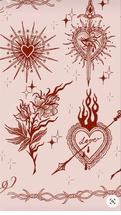 an image of tattoos on the back of a cell phone with hearts, arrows and sunbursts