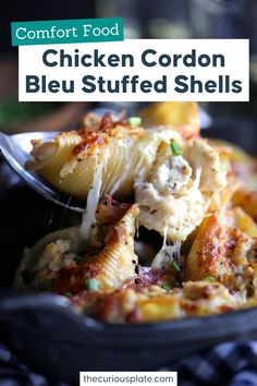 chicken cordon bleu stuffed shells in a casserole dish with text overlay