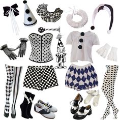 various costumes and accessories are arranged on a white background