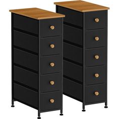 two black drawers with wooden tops on wheels