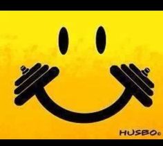 a smiley face with two barbells in it's mouth and the words hubbo written below