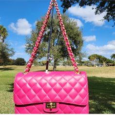 Silvano Borgatti Italian Leather Pink Bag Quilted Made In Italy Nwt Can Be Worn On Shoulder Or Crossbody 21inch Chain Length. Luxury Shoulder Bag With Chain For Shopping, Luxury Pink Bag With Chain Detail, Luxury Pink Bag With Chain, Luxury Crossbody Shoulder Bag With Gold Chain, Everyday Luxury Rectangular Bag With Chain, Luxury Everyday Rectangular Bag With Chain, Rectangular Everyday Luxury Bag With Chain, Rectangular Chain Bag For Everyday Luxury, Chic Pink Everyday Luxury Bags