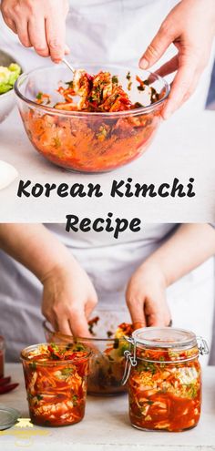 korean kimchi recipe in glass bowls with chopsticks on the side and hands holding a spoon