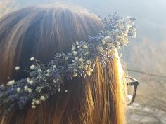 This lavender and baby's breath flower crown is 22 inches around and ties in the back with jute twine. Because it ties, it is adjustable. It smells heavenly as it is made from dried lavender. When lavender dries it turns shades of blue and indigo. Adorn the bride, bridesmaids or flower girl with this beautiful flower crown. Free shipping! Babies Breath Flower Crown Bride, Babys Breath Flower Crowns, Flower Crown Lavender, Dusty Blue Flower Crown Bride Ceremony, Blue Flower Crown Aesthetic, Baby Breath Flower Crown, Wedding Hair Wreath, Hair Wreaths, Hair Wreath