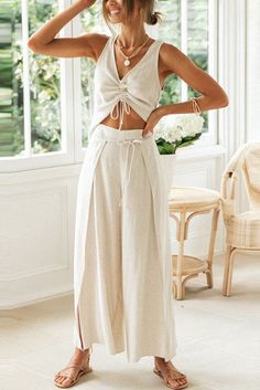 Beige Crop Tops, Sleeveless Knit Top, Traje Casual, Drawstring Top, Polyester Pants, Cropped Tops, Sleeveless Crop Top, Loose Pants, Looks Chic