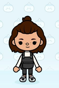 a cartoon girl with brown hair and black overalls is standing in front of some clouds