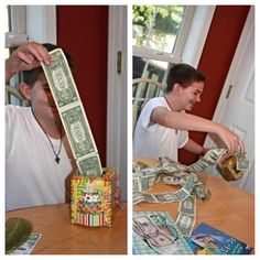 a man sitting at a table with money in front of him and another person reaching out to grab it