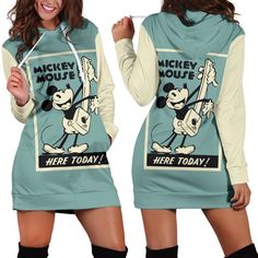 a woman wearing mickey mouse hoodie dress