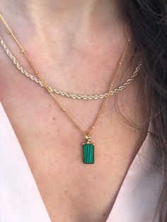 "Stand out from crowd with this Rectangle Malechite Green Brass Necklace! Dainty, chic and compliments any style Each piece is handmade and crafted in our atelier just for you!    Feel free to message me with any questions or for more details! We love hearing from you! :)   Jewelry pouch included with purchase. At Evva's handmade shop we know you'll find something lovely for yourself or to give as a gift to someone special! CURRENT PRODUCTION TIMES All items are handmade and made to order so please check our policies page for the most up to date production and delivery times. If you need it sooner, please send us a message on Etsy, we can prepare your item as fast as possible for your needed date. PACKAGING - If certain pieces are intended as gifts, please leave us a note in the message bo Green Rectangular Pendant Jewelry For Everyday, Dainty Handmade Rectangular Jewelry, Handmade Green Rectangular Necklace, Everyday Handmade Rectangular Necklaces, Everyday Handmade Rectangular Necklace, Handmade Rectangular Everyday Necklace, Handmade Green Necklaces With Rectangular Pendant, Handmade Green Necklace With Rectangular Pendant, Handmade Green Rectangular Pendant Jewelry