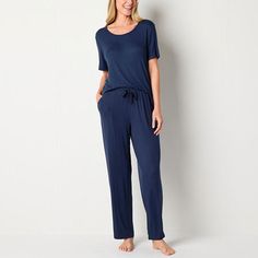 You'll love adding this Liz Claiborne women's Cool and Calm 2-piece pajama set to your wind-down routine. It's made from pointelle fabric with breathable, temperature-regulating, and moisture-wicking fibers to activate cooling all night. It includes a scoop neck short-sleeve top and matching pants with an elastic-drawstring waistband and two side slip pockets. # Pieces In Set: 21st Piece Description: Top1st Piece Apparel Length: 25.5 Inches1st Piece Fabric: Knit1st Piece Fiber Content: 97% Rayon Blue Lounging Sets With Long Pants, Blue Lounge Sets With Long Pants, Blue Sets For Lounging With Long Pants, Pointelle Fabric, Matching Pants, Pajama Sets, Drawstring Waistband, Liz Claiborne, Pajama Set