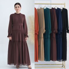 #ad Premium Quality Abaya Ruffles Solid Color Muslim Maxi Dress Women Dubai Kaftan Islamic Ramadan, Fashion Party Clothing Bohemian Long Sleeve Chiffon Dress With Ruffles, Bohemian Long Sleeve Ruffled Chiffon Dress, Modest Chiffon Dress With Ruffles, Modest Long Sleeve Beach Dress, Modest Ruffled Beach Dress, Brown Bohemian Chiffon Dress, Muslim Maxi Dress, Ramadan Fashion, Aztec Clothing