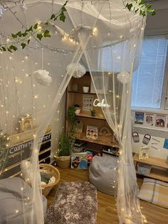 a bedroom with a canopy bed covered in fairy lights