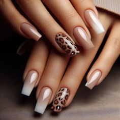 Gel Leopard Nails Art Designs, Wild One Nails, Fancy Nail Designs Classy Bling, Fall Nails With Leopard Print, Fall French Tip Nails Coffin, Nails 2024 Autumn, Fall Nails Leopard, Leopard Nails Designs, Fall Cheetah Nails