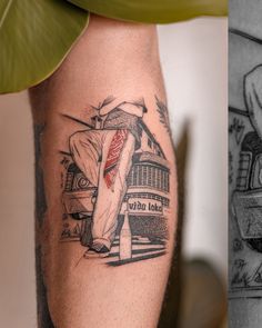 two different tattoos on the legs of people, one with a man's arm and another with a woman's leg