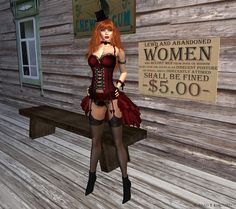 a red haired woman in a corset and stockings standing on a wooden bench