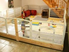 an indoor play area with stairs and toys in the room, including a dog crate