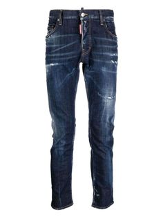 470 DSQUARED2 DISTRESSED STRETCH DENIM JEANS Jean Crafts, Tapered Leg Jeans, Jeans For Men, Distressed Denim Jeans, Tapered Jeans, Washed Denim, Navy Blue Color, Indigo Blue, Denim Pant