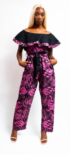 A cotton jumpsuit. Cotton Jumpsuits And Rompers With Ruffles, John Thomas, Ruffle Jumpsuit, Cotton Jumpsuit, Printed Maxi, Ankara, African Print, Off The Shoulder, Clothing Items