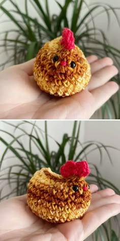 two pictures of a small crocheted chicken with a red bow on it's head