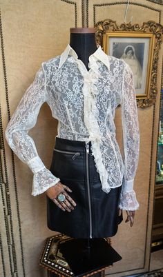 "Really amazing Semi sheer Lace Blouse Fits really good In good condition Size aprox. M Measures (a bit elastic fabric) - Shoulder to shoulder: 14.56\" (37 cm) - Slevees: 26.37\" (67 cm) - Chest: 35.43\" (90 cm) - Waist: 30.70\" (78 cm) - Total Long: 25.59\" (65 cm) Thanks for stopping by!!" Button Up Sheer Lace Top, Lace Button Up, Fitted Lace Blouse With Ruffles, Vintage Sheer Blouse For Parties, Feminine Fitted Lace Blouse, Spring Fitted Sheer Blouse, Fitted Sheer Blouse For Spring, Sheer Fitted Blouse, Elegant Sheer Stretch Blouse