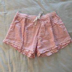 Adorable Women’s Pink Seersucker Pajama Shorts. Never Worn! Cute Summer Bottoms For Pajama Party, Gingham Bottoms For Spring Loungewear, Spring Gingham Loungewear Bottoms, Summer Bottoms With Elastic Waistband For Sleepovers, Summer Pajama Shorts For Sleepovers In Spring, Summer Seersucker Bottoms For Vacation, Summer Pajama Shorts With Pockets For Pajama Party, Striped Bottoms For Summer Pajama Party, Pink Summer Sleepwear With Pockets