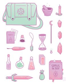 an assortment of items are shown in pink and green