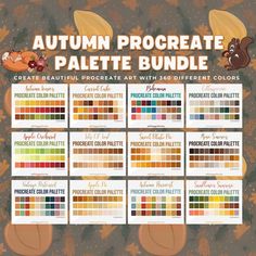 the autumn procreate palette bundle is shown with different colors and designs on it