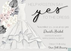 a white dress with flowers on it and the words help kristen say yes to the dress