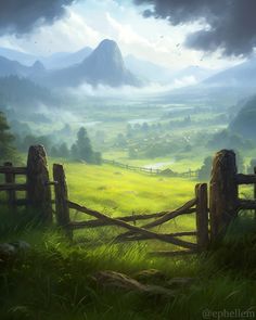 a painting of a lush green field with mountains in the distance and foggy sky