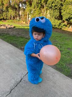 a little boy dressed as cookie monster holding a balloon