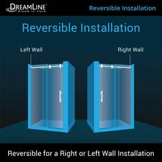 the reversible installation for a right or left wall shower is shown in blue