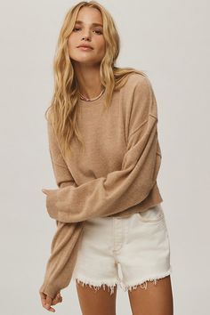 We've spun up a collection of cloud-like cashmere that's dreamy, elevated, and oh-so-soft . The Alani is our bestselling, best-reviewed sweater, ever . Nothing says luxury like a sumptuous cashmere pullover – here, a mock neck and relaxed silhouette lend the style an air of au courant polish. | The Alani Cashmere Sweater by Pilcro: Cropped Crew-Neck Edition in Beige, Women's, Size: XL, 100% Cashmere at Anthropologie Pleated Tops, Pleat Top, Boho Blouses, Mock Neck Sweater, Premium Denim, Cropped Top, Cropped Sweater, Boho Outfits, Cashmere Sweaters