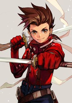 an anime character holding two swords in one hand and wearing a red shirt on the other