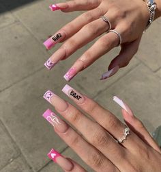 Fancy Birthday Nail Designs, Cute Extra Nails, Med Nail Designs, Pink Aesthetic Nails Acrylic, Rolling Loud Nails, Different Nails On Each Hand, Nails Inspiration Birthday, Bratz Inspired Nails, Dope Nail Designs Swag