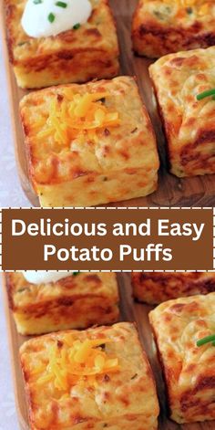 potato puffs with cheese and sour cream on top in a baking dish, cut into squares