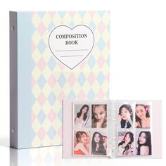 the composition book is open to show photos and an album with hearts on it,