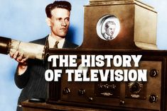 the history of television is shown with a man holding a megaphone in front of an old radio