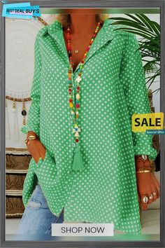 Polka Dots Shirt Collar Vintage Blouse Styles For Women Over 60, Cool Clothes, Casual Blouse Shirts, Polka Dot Shirt, Green Blouse, Polka Dot Print, Blouse Vintage, Long Blouse, Plus Size Blouses