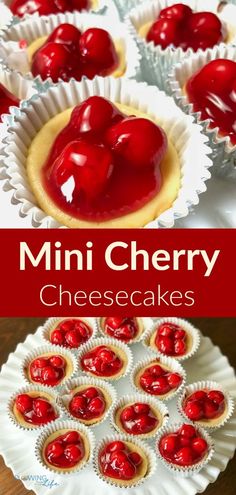 mini cherry cheesecakes on a white plate