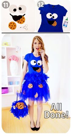 a girl in blue dress with cookie monster on it