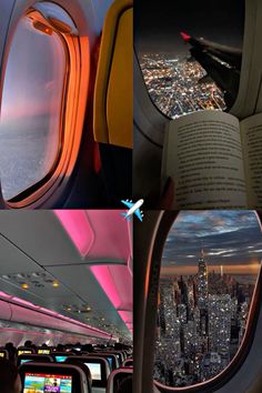 the view from inside an airplane looking out at city lights