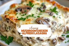 a white plate topped with lasagna covered in mushrooms and cheese, garnished with parsley